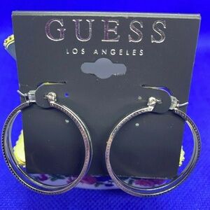 Guess Silver-Tone Textured Double Hoop Earrings